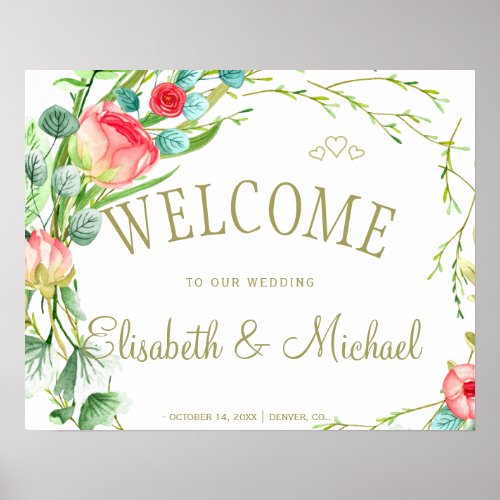 Coral red pink roses garden wedding welcome sign