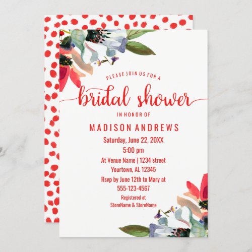 Coral Red Poppy Floral Bridal Shower Invitation