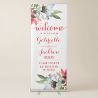 Coral Red Poppy Watercolor Floral Wedding Welcome Retractable Banner