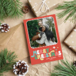 Coral Red Retro Groovy Merry Christmas Holiday Card<br><div class="desc">Groovy retro 60s inspired Christmas photo card in coral red printed with your photo inside a frame with rounded corners and a fun retro font.</div>