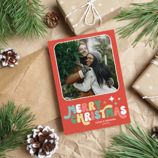 Coral Red Retro Groovy Merry Christmas Holiday Card