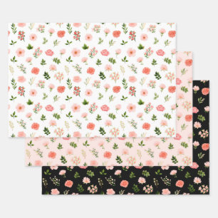 Coral Red Roses and Foliage Pattern Wrapping Paper Sheets