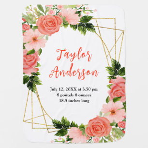 Coral Red Roses Floral Baby Birth Stats Baby Blanket