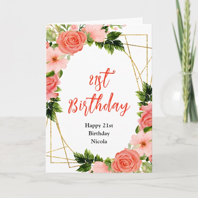 Coral Red Roses with Foliage Birthday Card (Front)