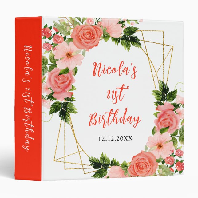 Coral Red Roses with Foliage Birthday Photo Album 3 Ring Binder (Front/Spine)