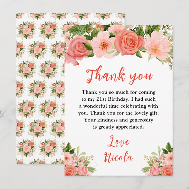 Coral Red Roses with Foliage Birthday Thank You Card (Front/Back)