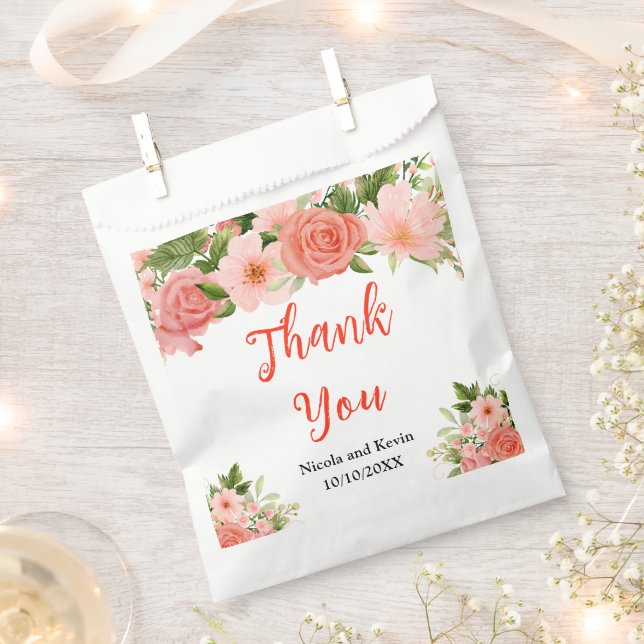 Coral Red Roses with Foliage Favor Bag (Clipped)