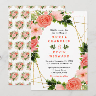 Coral Red Roses with Foliage Invitation