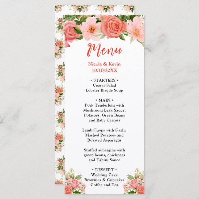 Coral Red Roses with Foliage Menu (Front/Back)