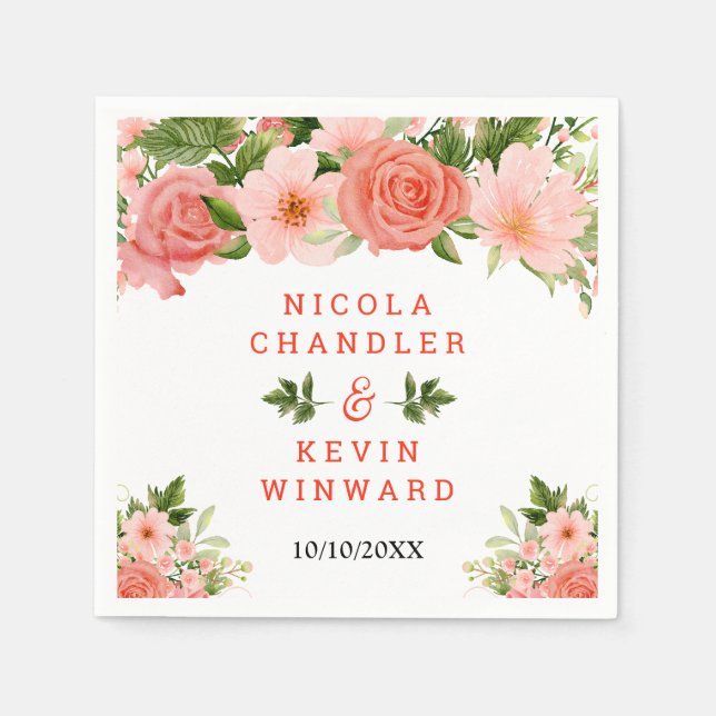 Coral Red Roses with Foliage Napkins (Front)