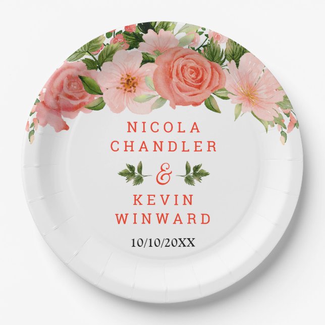 Coral Red Roses with Foliage Paper Plates (Front)