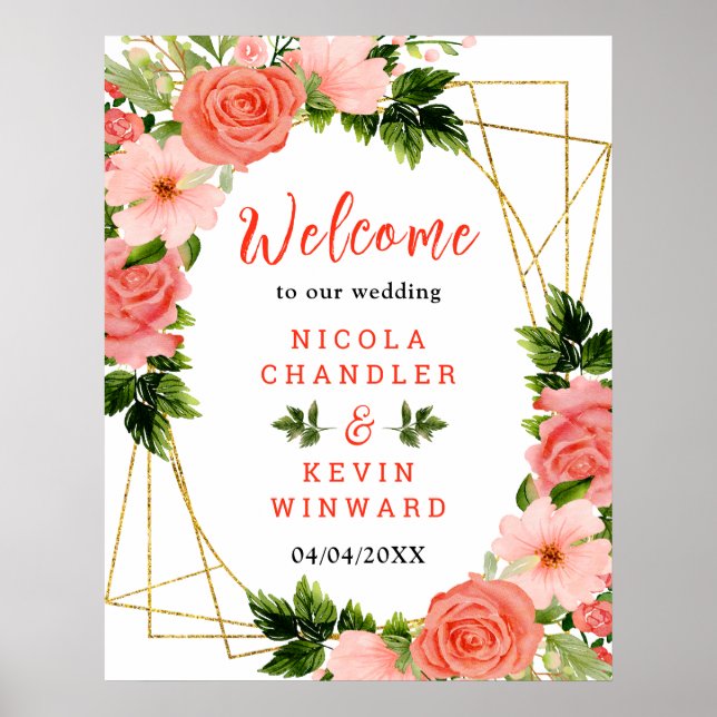 Coral Red Roses with Foliage Poster (Front)