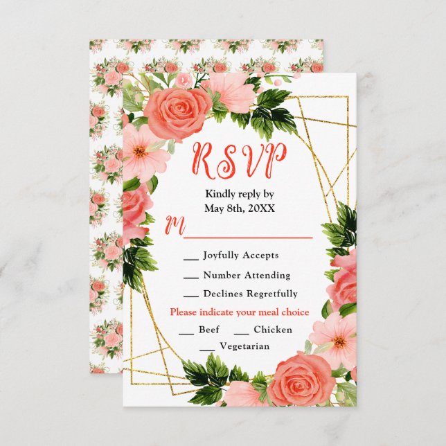 Coral Red Roses with Foliage RSVP Card (Front/Back)