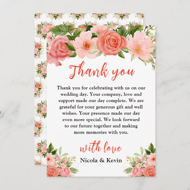 Coral Red Roses with Foliage Thank You Card (Front/Back)