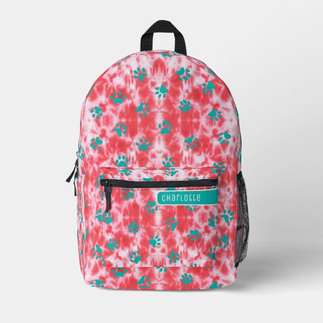 Coral Red Shibori Topaz Blue Paw Pattern Cute Printed Backpack (Front)
