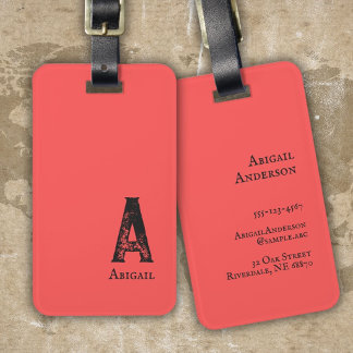 Coral red solid color black initials and name luggage tag