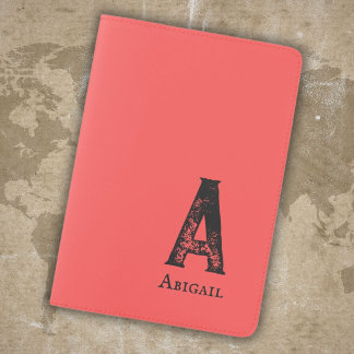 Coral red solid color black initials and name passport holder