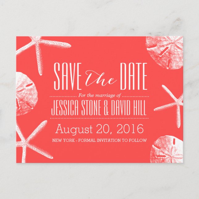 Coral Red Starfish & Sand Dollar Save the Date Announcement Postcard (Front)