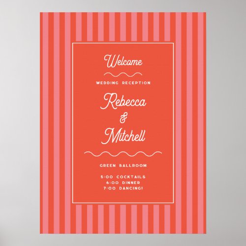 Coral Red Stripe Vintage Wedding Welcome Poster