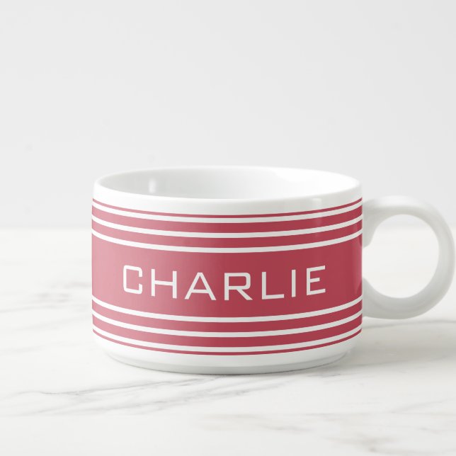 Coral Red Stripes custom monogram chili bowl (Left)