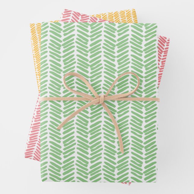 Coral Red Sunny Yellow Green Abstract Zigzag Art Wrapping Paper Sheets (In situ)