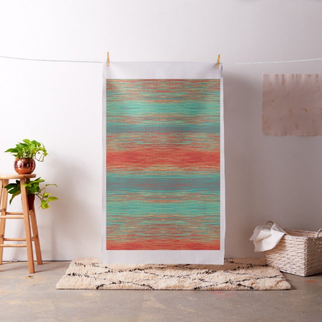Coral Red Teal Green Rough Blended Stripes Fabric (In Situ)