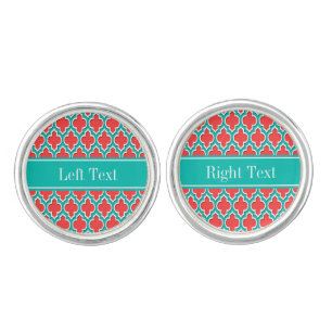 Coral Red, Teal Moroccan #4DS Teal Name Monogram Cufflinks