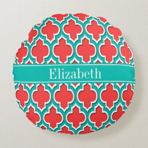 Coral Red, Teal Moroccan #4DS Teal Name Monogram Round Pillow