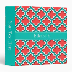 Coral Red, Teal Moroccan #5DS Teal Name Monogram 3 Ring Binder