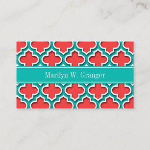 Coral Red, Teal Moroccan #5DS Teal Name Monogram Business Card
