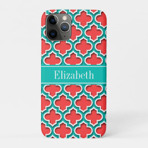 Coral Red, Teal Moroccan #5DS Teal Name Monogram iPhone 11 Pro Case