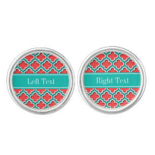 Coral Red, Teal Moroccan #5DS Teal Name Monogram Cufflinks