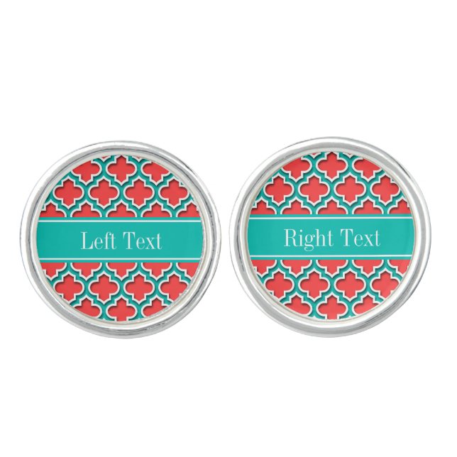 Coral Red, Teal Moroccan #5DS Teal Name Monogram Cufflinks (Front)