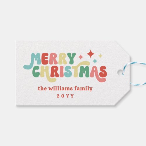 Coral Red Teal Retro Groovy Merry Christmas Gift Tags