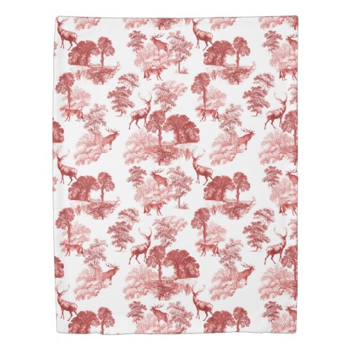 Coral Red Toile Stag Buck Deer Fox Forest Pattern Duvet Cover