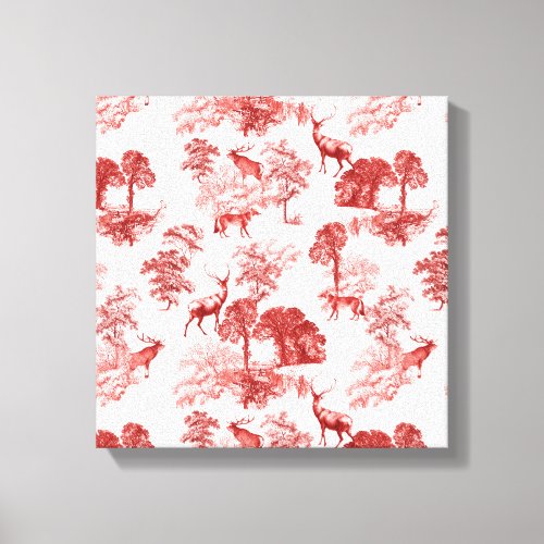 Coral Red Toile Stag Deer Fox Forest Pattern Canvas Print