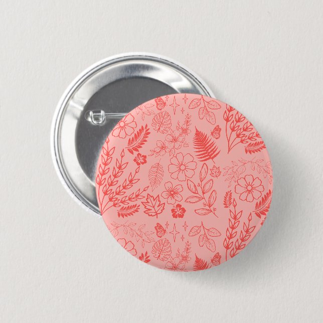 Coral Red Tropical Floral Pattern  Button (Front & Back)