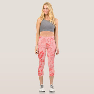 Coral Red Tropical Floral Pattern Capri Leggings