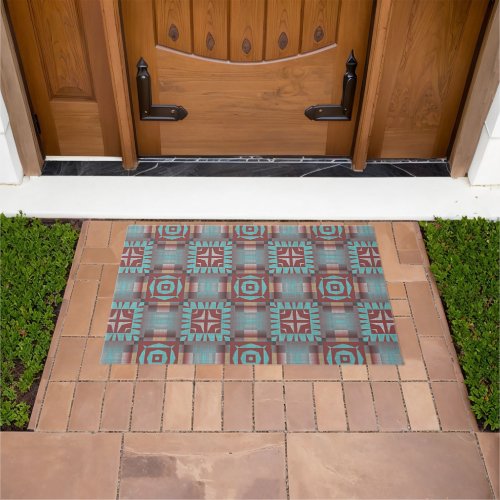 Coral Red Turquoise Blue Teal Brown Tribal Art Doormat