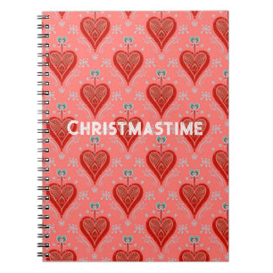 Coral red vintage Christmas heart ornaThrow Pillow Notebook