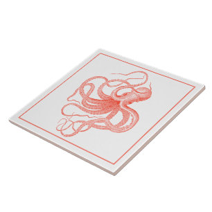 Coral-red Vintage Nautical Octopus Ceramic Tile