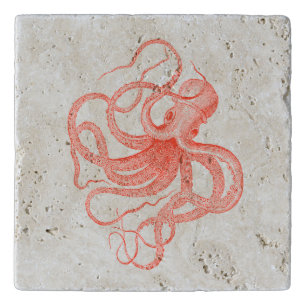 Coral-red Vintage Nautical Octopus Trivet