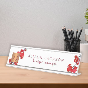 Coral red watercolor orchid copper monogrammed desk name plate