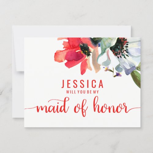 Coral Red Watercolor Will You Be My Maid of Honor Invitation
