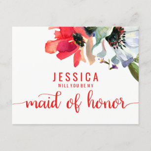 Coral Red Watercolor Will You Be My Maid of Honor Invitation