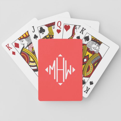 Coral Red White 3Init Diamond Monogram Font DIY BG Playing Cards