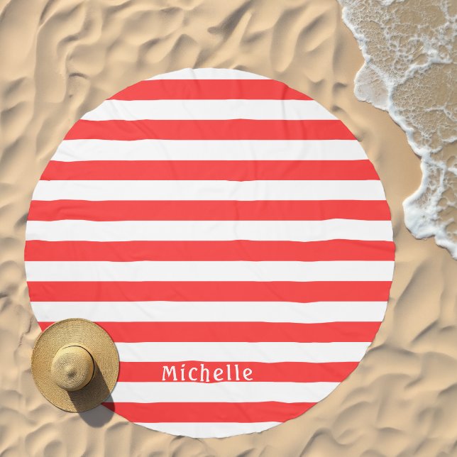 Coral Red White Cabana Stripes Beach Towel (Beach)