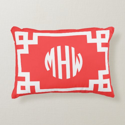 Coral Red White Circle Monogram Greek Key DIY BG Accent Pillow