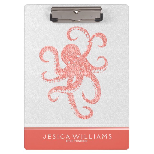 Coral Red White Cute Octopus Illustration Clipboard (Front)