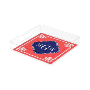Coral Red White Fancy Greek Key Navy Q 3I Monogram Acrylic Tray